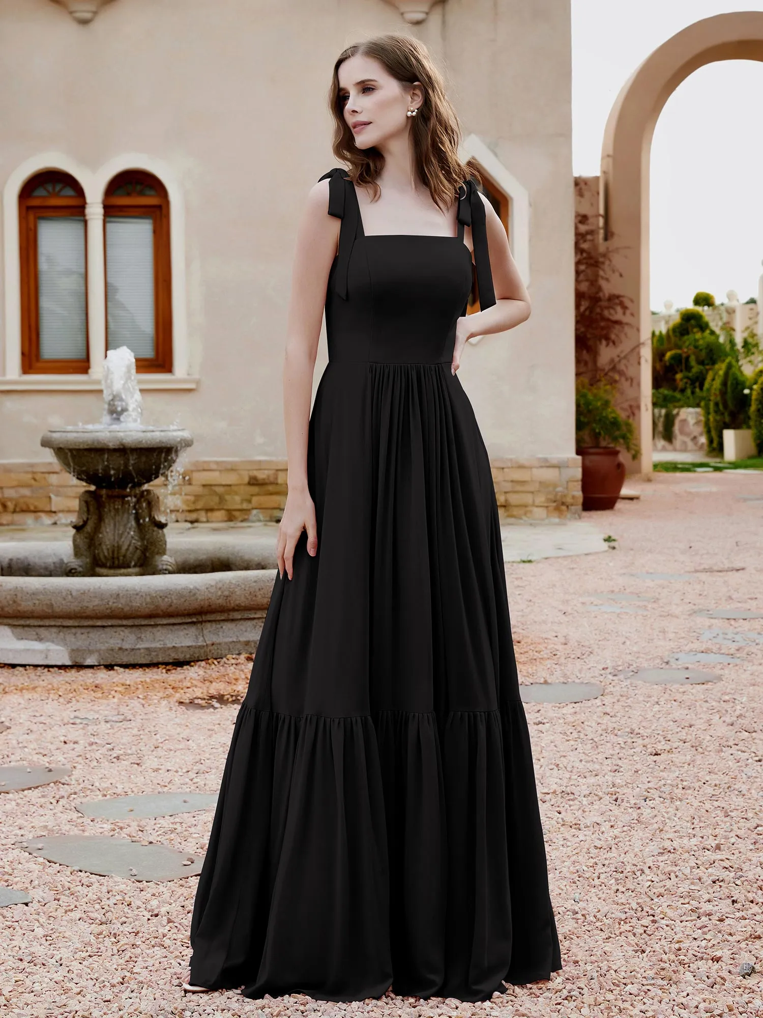 A-Line Bow Ruffle Sleeveless Chiffon Dress Black