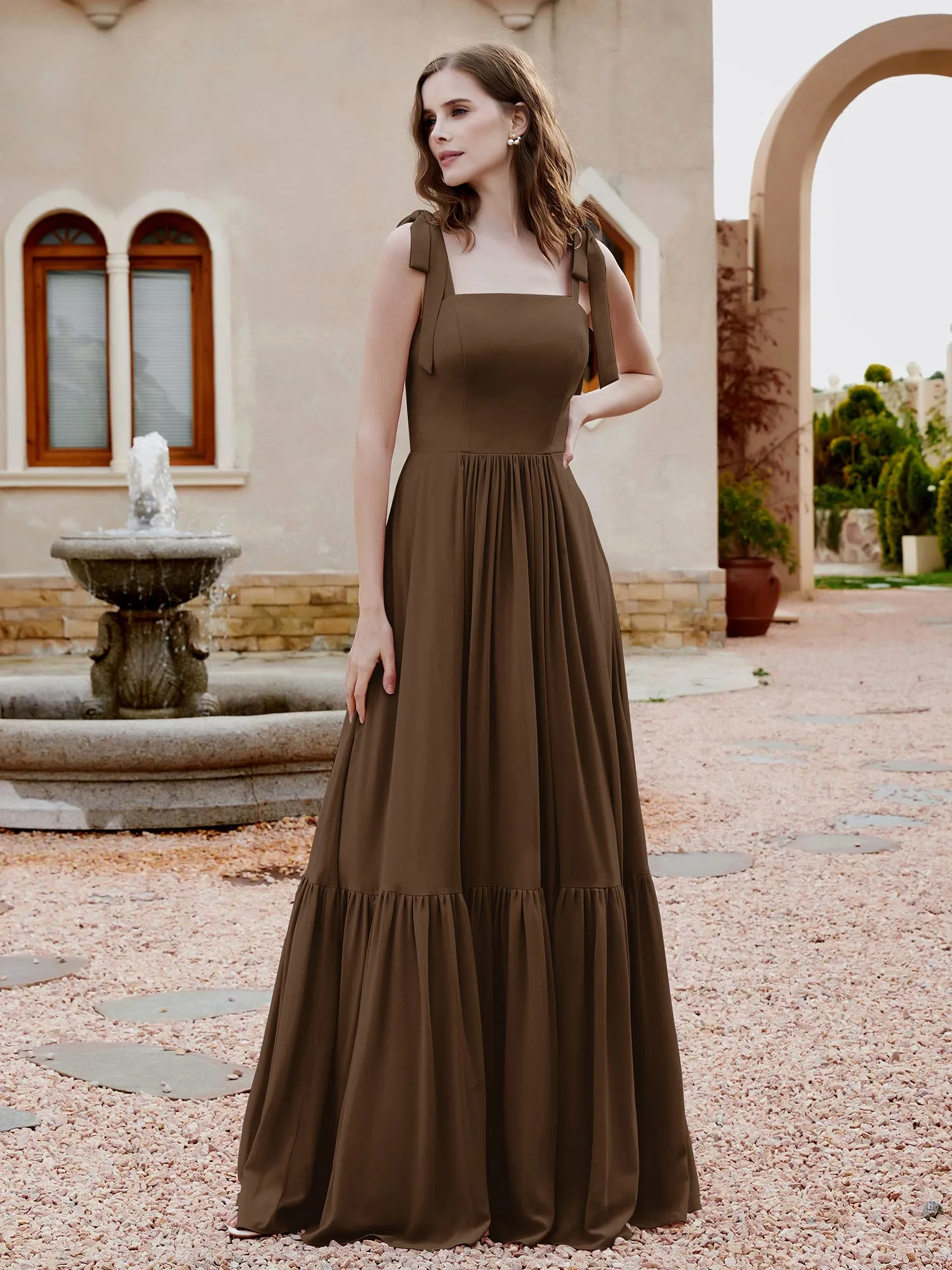 A-Line Bow Ruffle Sleeveless Chiffon Dress Brown Plus Size