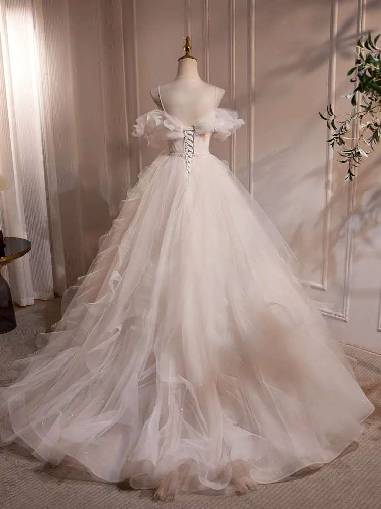 A Line Off the Shoulder Flower Fairy Tulle Long Wedding Dress