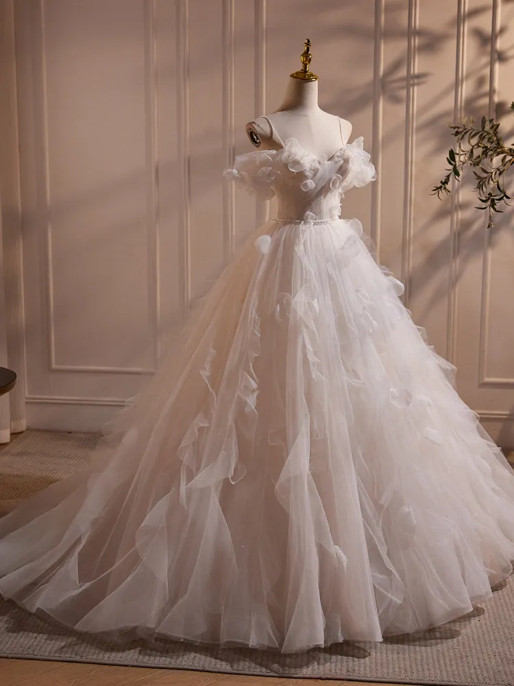 A Line Off the Shoulder Flower Fairy Tulle Long Wedding Dress