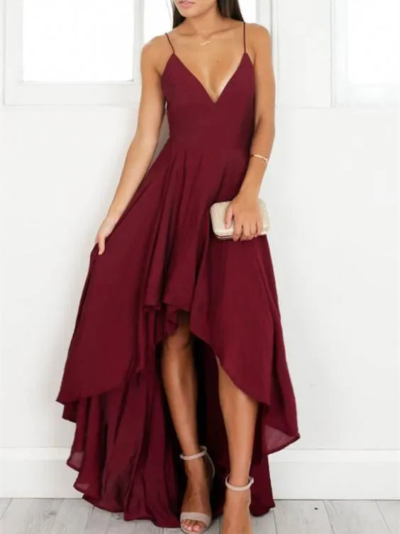 A-line Spaghetti Strap High-Low Chiffon Simple Burgundy Prom Dresses ASD26744