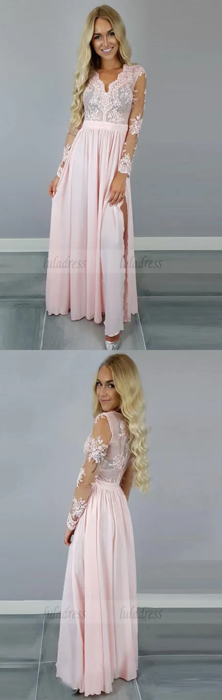 A-Line V-Neck Long Sleeves Pink Chiffon Prom Dress with Appliques