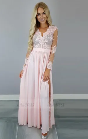 A-Line V-Neck Long Sleeves Pink Chiffon Prom Dress with Appliques