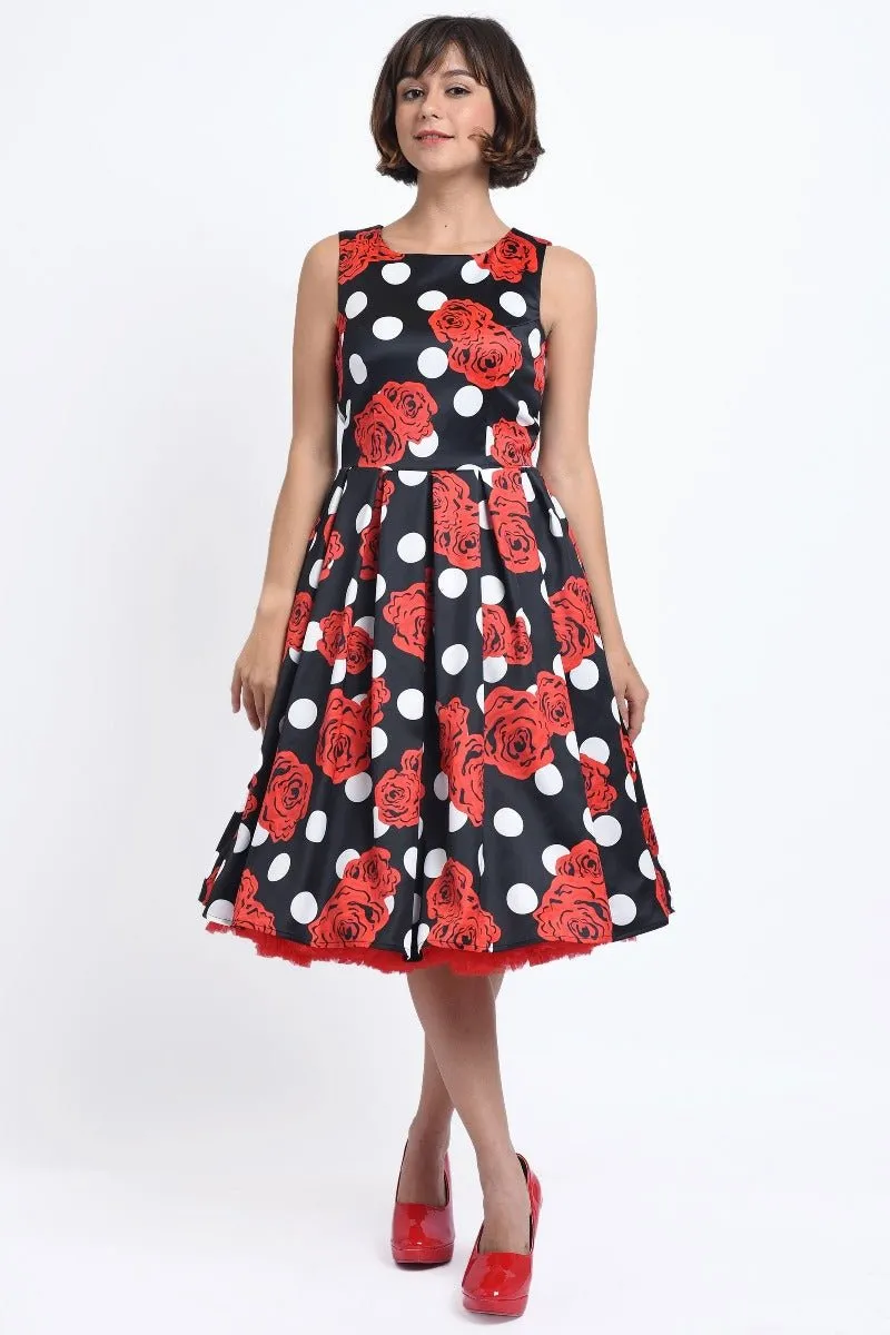 Annie Retro Polka Dots Swing Dress in Black with White Dots and Red Roses