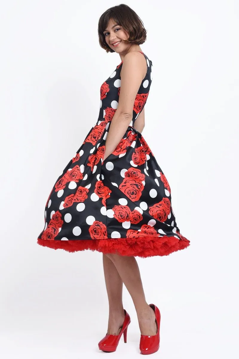 Annie Retro Polka Dots Swing Dress in Black with White Dots and Red Roses