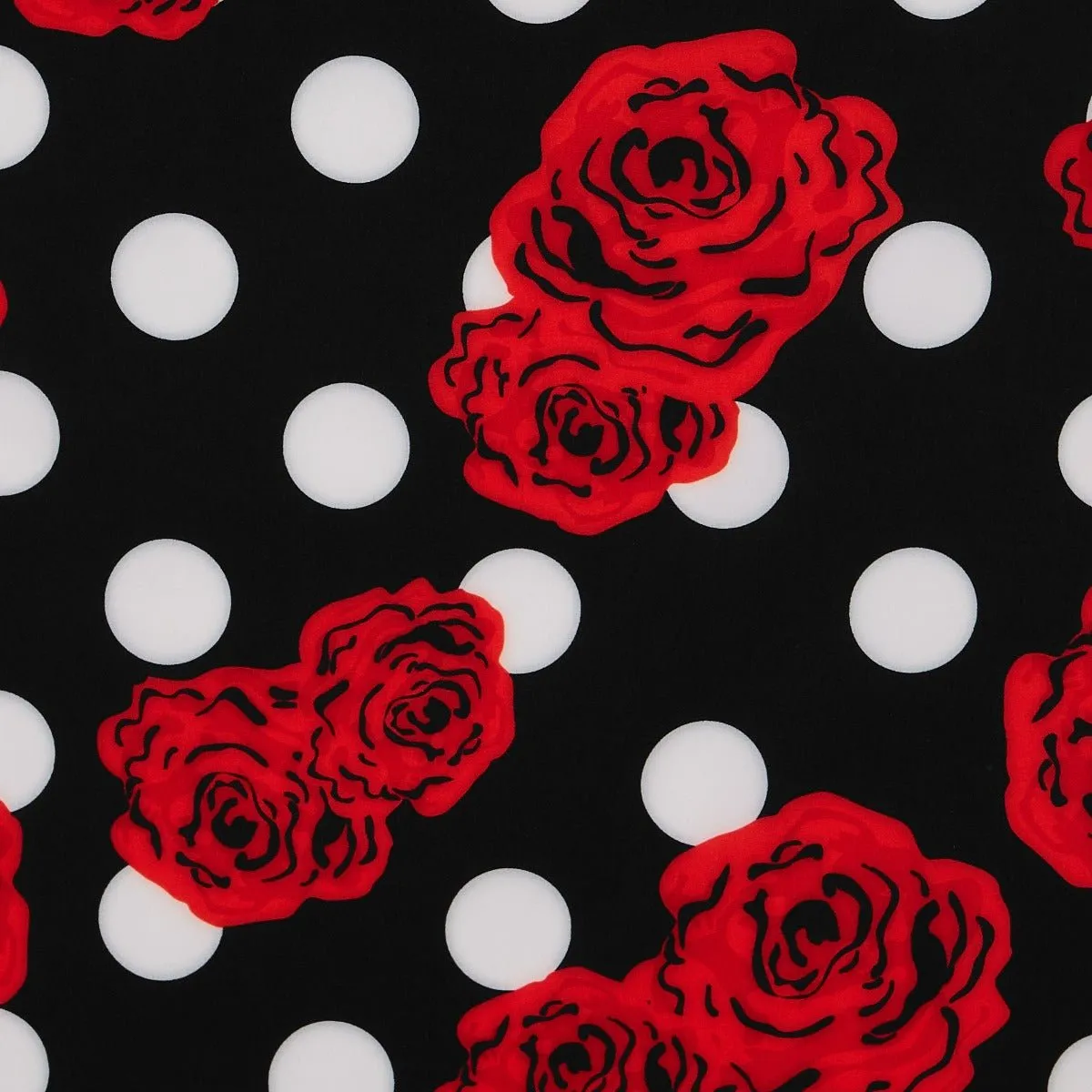 Annie Retro Polka Dots Swing Dress in Black with White Dots and Red Roses