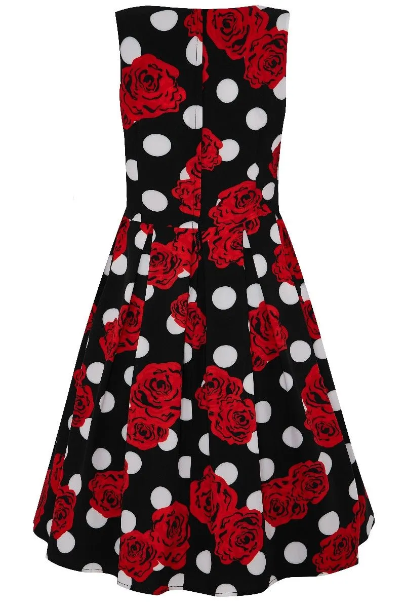 Annie Retro Polka Dots Swing Dress in Black with White Dots and Red Roses