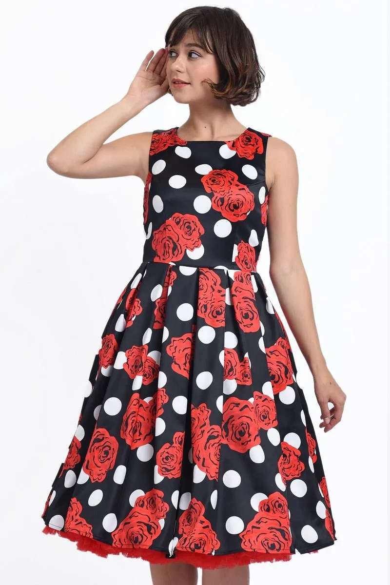 Annie Retro Polka Dots Swing Dress in Black with White Dots and Red Roses