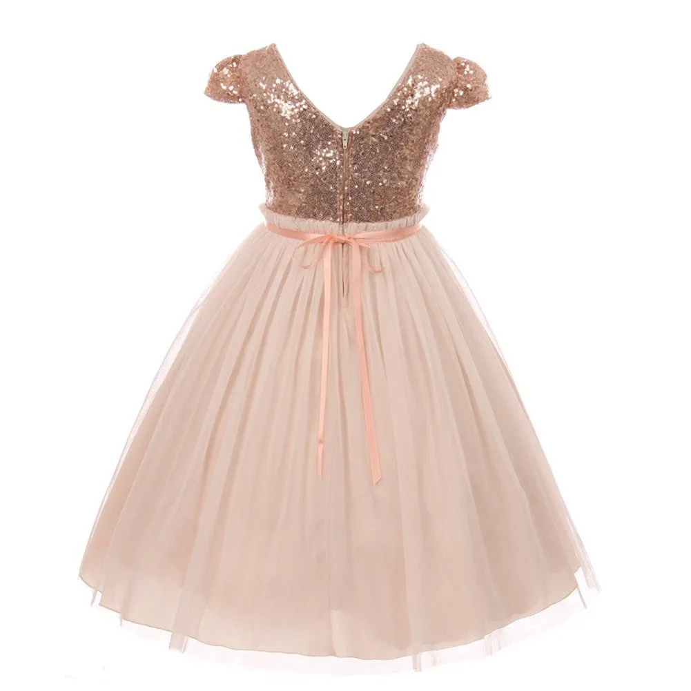 Big Girls Blush Sequins Tulle Cap Sleeves Easter Dress 8-12