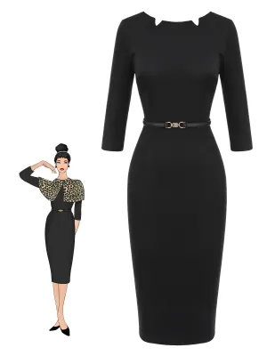 Black 1960s Solid Boat Neck Wrap Dress