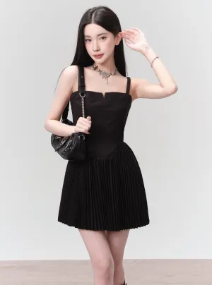 Black Pleated Mini Dress with Structured Bodice