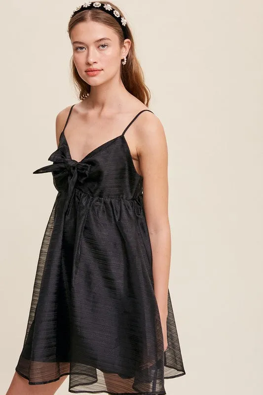 Black Ribbon Bow Tie Woven Mini Dress