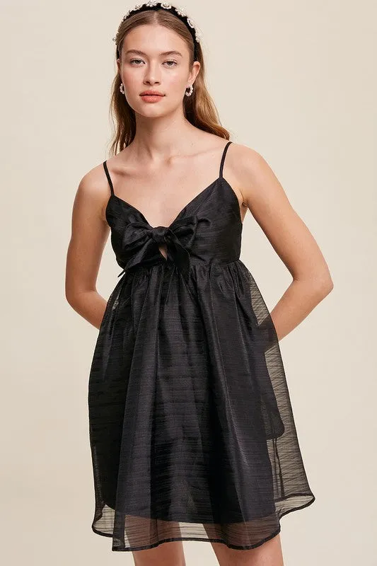 Black Ribbon Bow Tie Woven Mini Dress