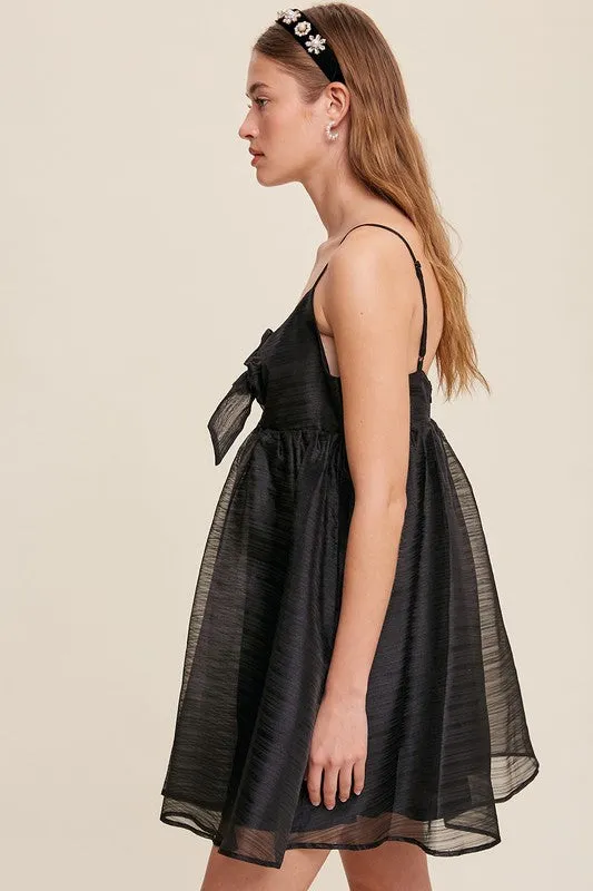 Black Ribbon Bow Tie Woven Mini Dress