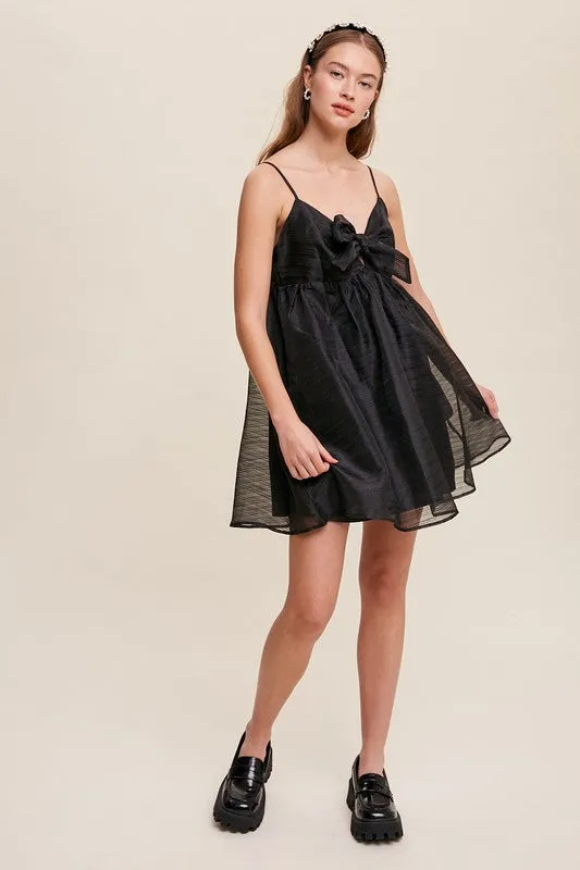 Black Ribbon Bow Tie Woven Mini Dress