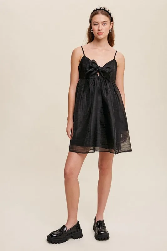 Black Ribbon Bow Tie Woven Mini Dress