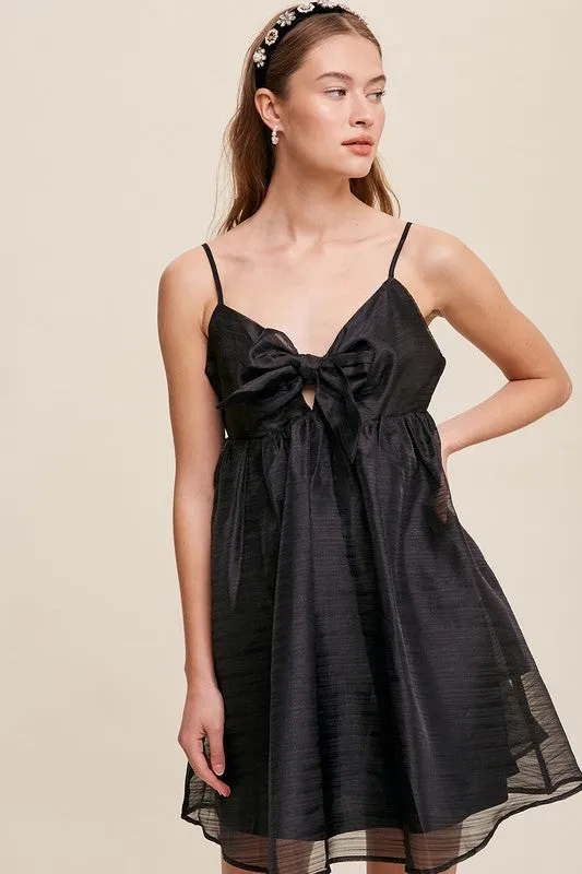 Black Ribbon Bow Tie Woven Mini Dress