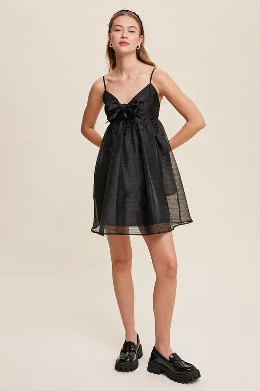 Black Ribbon Bow Tie Woven Mini Dress