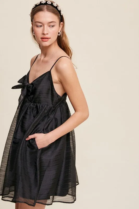 Black Ribbon Bow Tie Woven Mini Dress