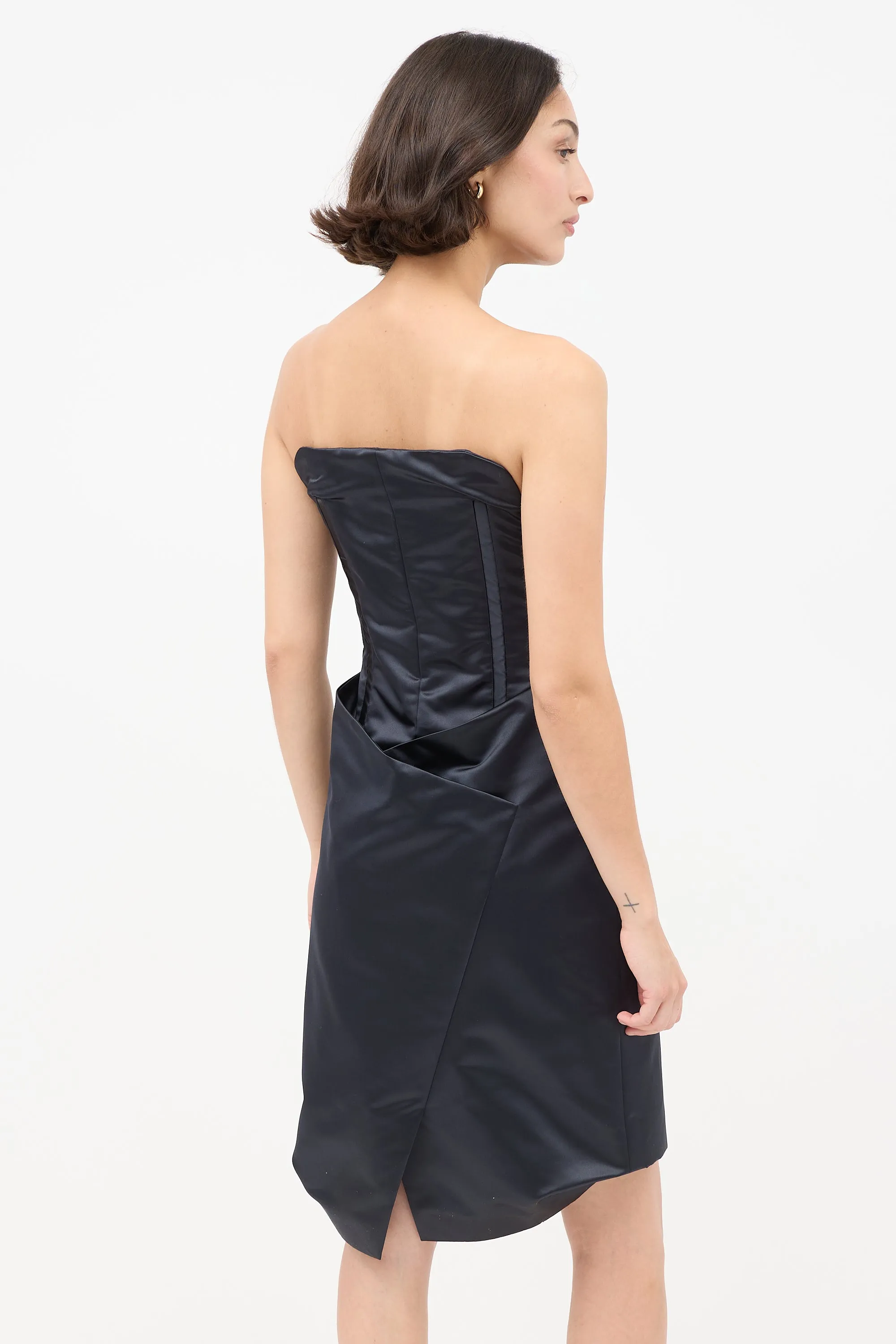 Black Silk Structured Strapless Midi Dress