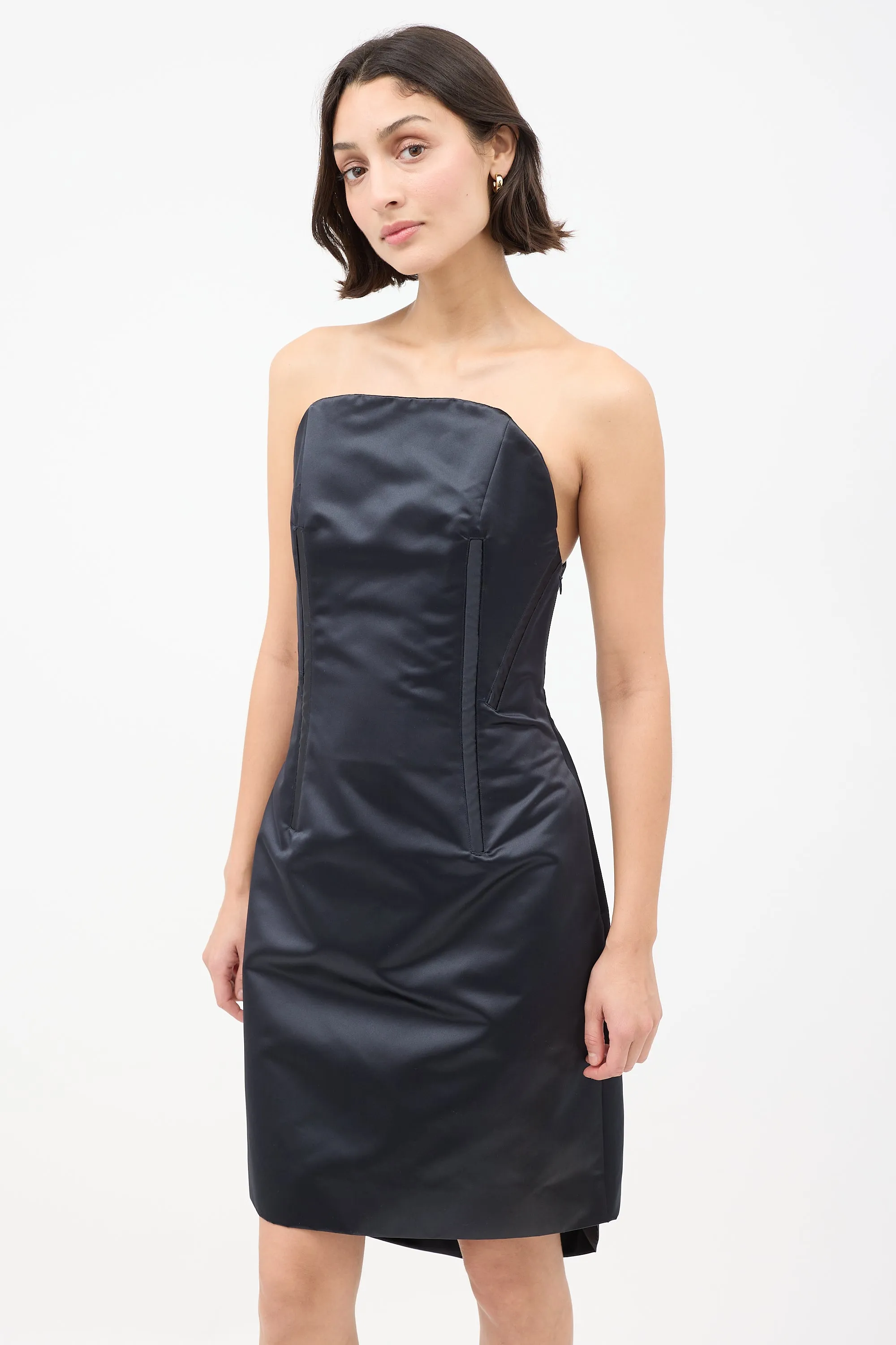 Black Silk Structured Strapless Midi Dress