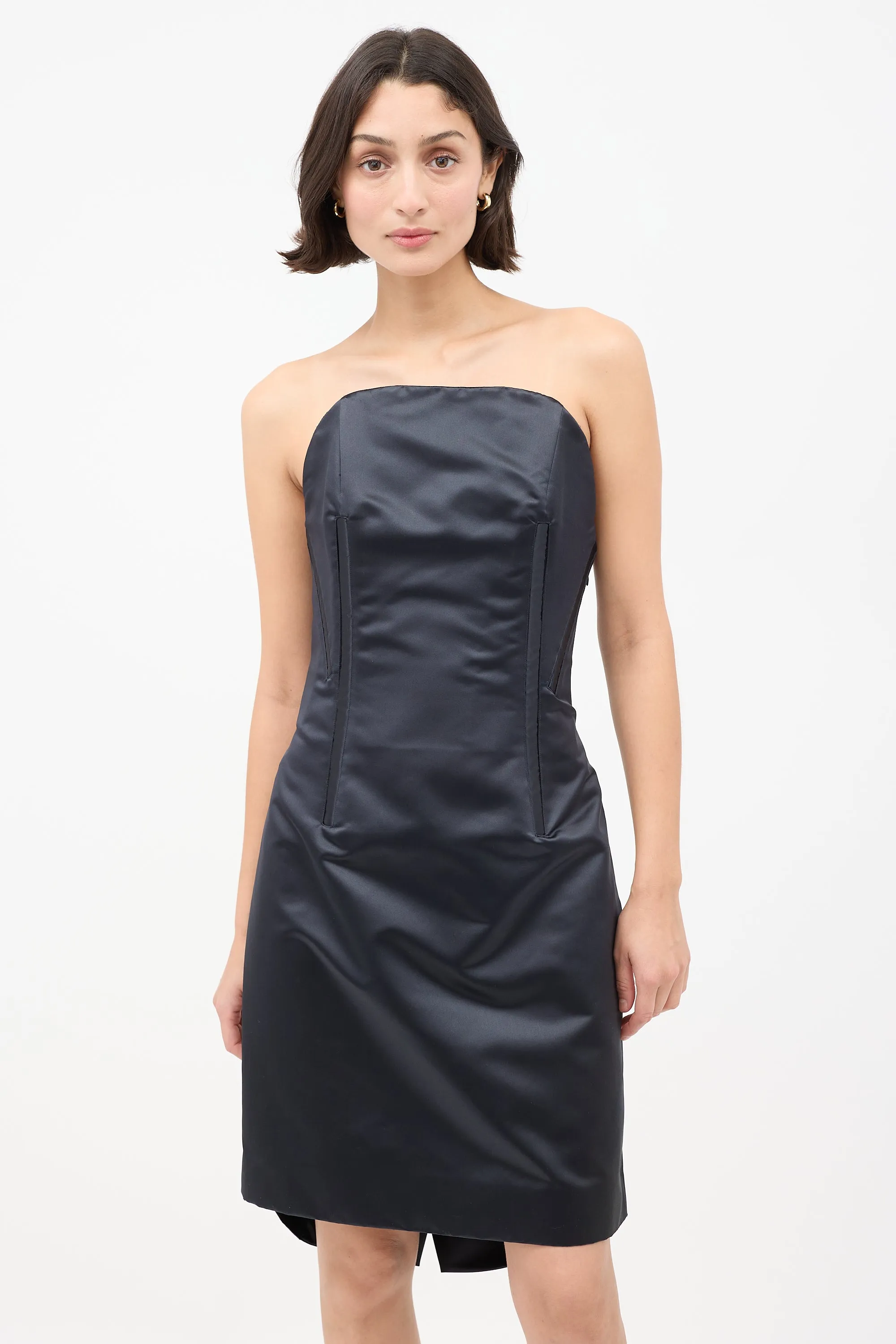 Black Silk Structured Strapless Midi Dress