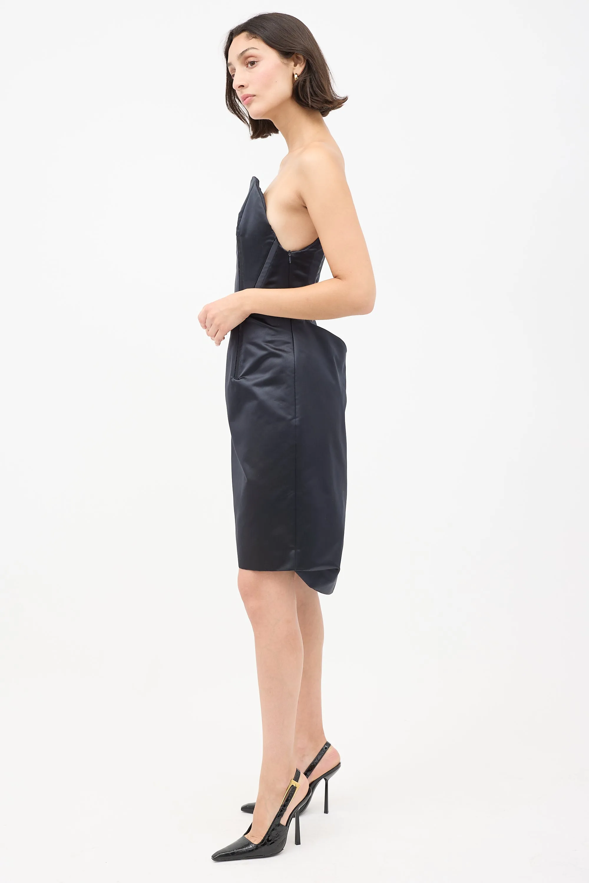 Black Silk Structured Strapless Midi Dress