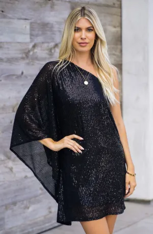 Black Sparkle One Shoulder Statement Dress