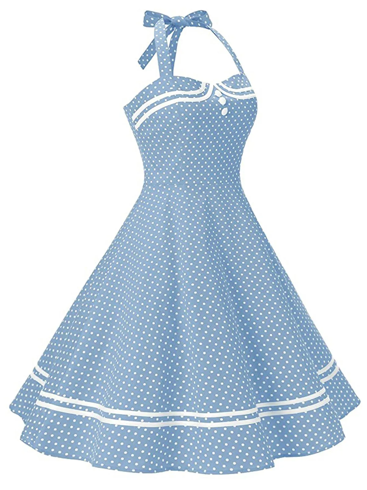 Blue 1950s Polka Dot Halter Swing Dress