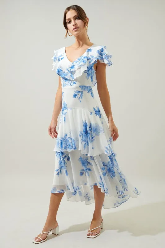 Blue-Multi Sunburst Ruffle Tiered Sinclair Midi Dress