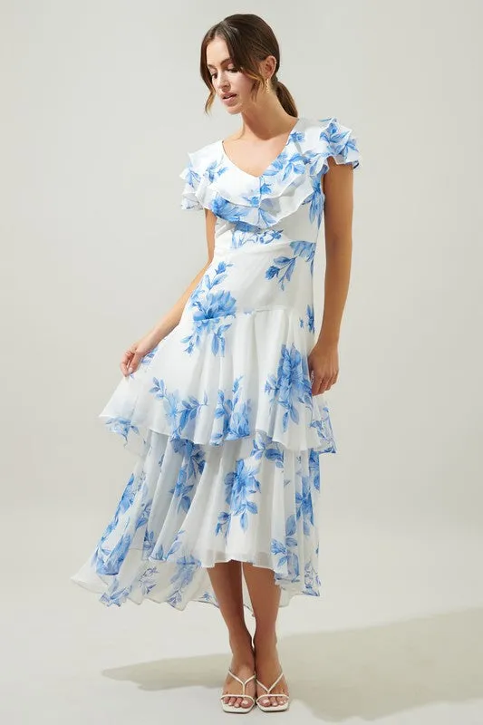 Blue-Multi Sunburst Ruffle Tiered Sinclair Midi Dress