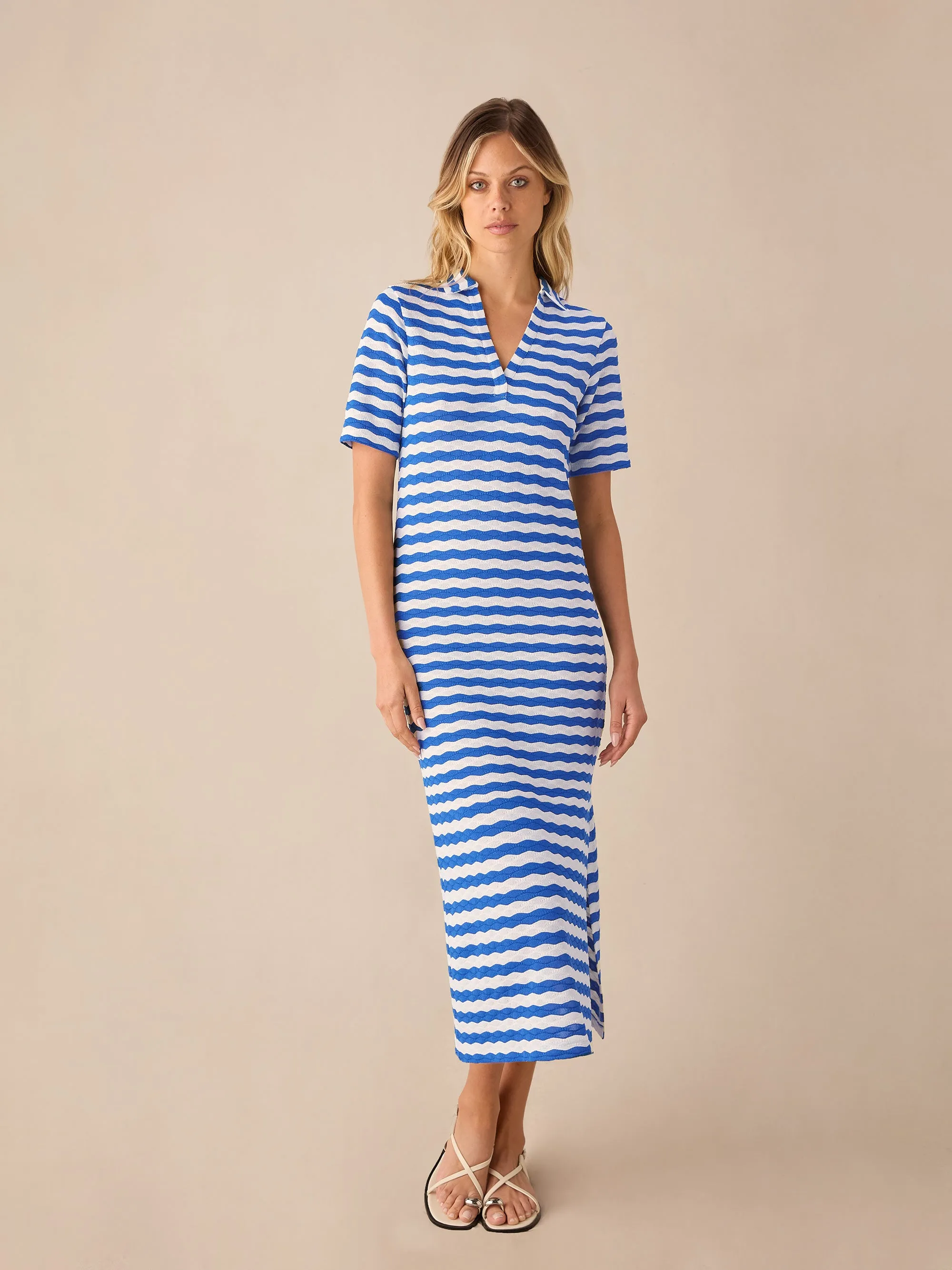 Blue Stripe Knit Collared Dress