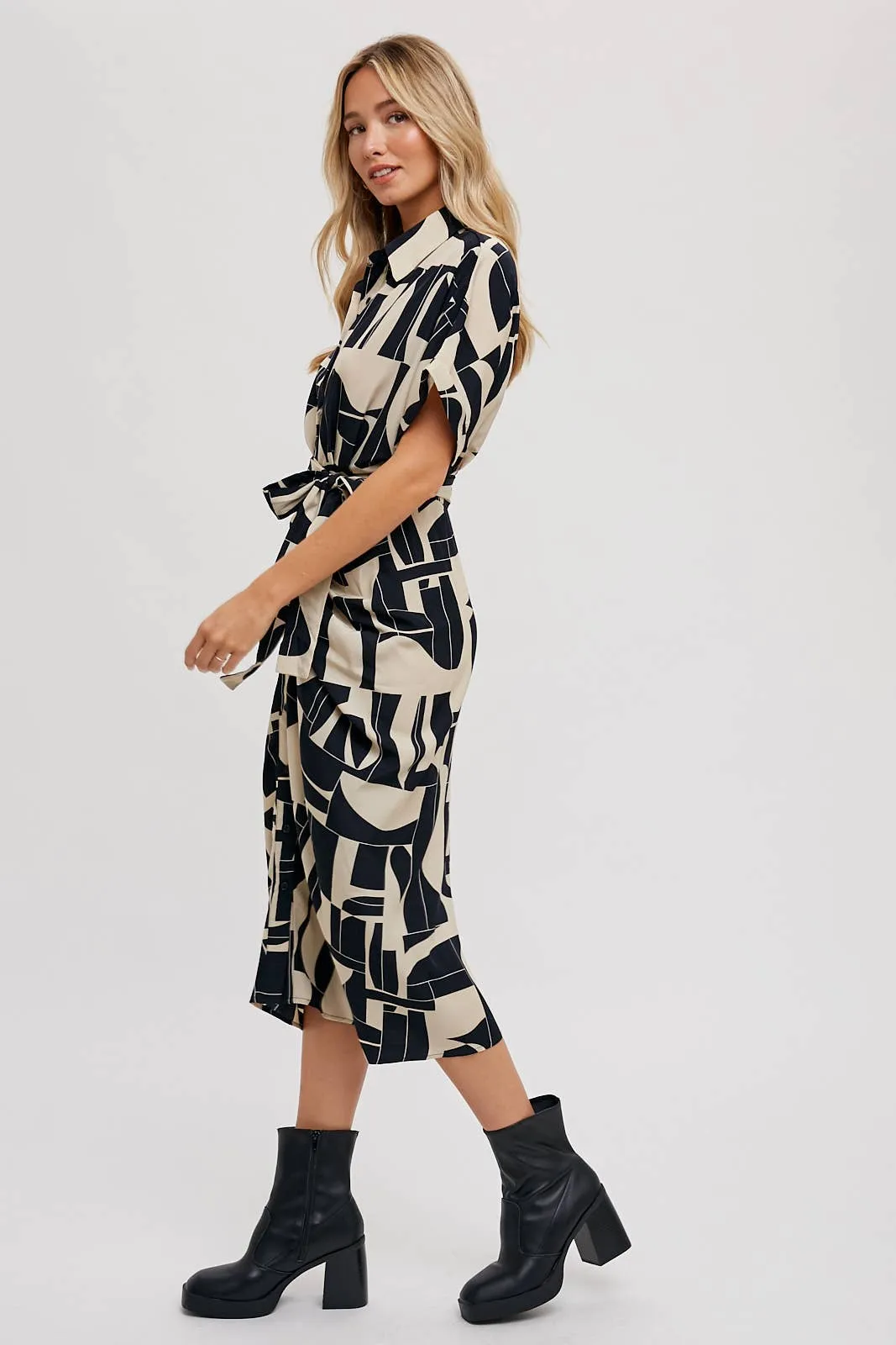 BLUIVY ABSTRACT PRINTED MIDI SHIRT DRESS