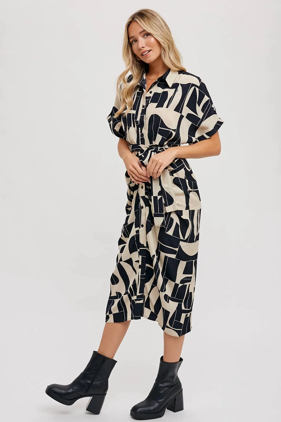 BLUIVY ABSTRACT PRINTED MIDI SHIRT DRESS