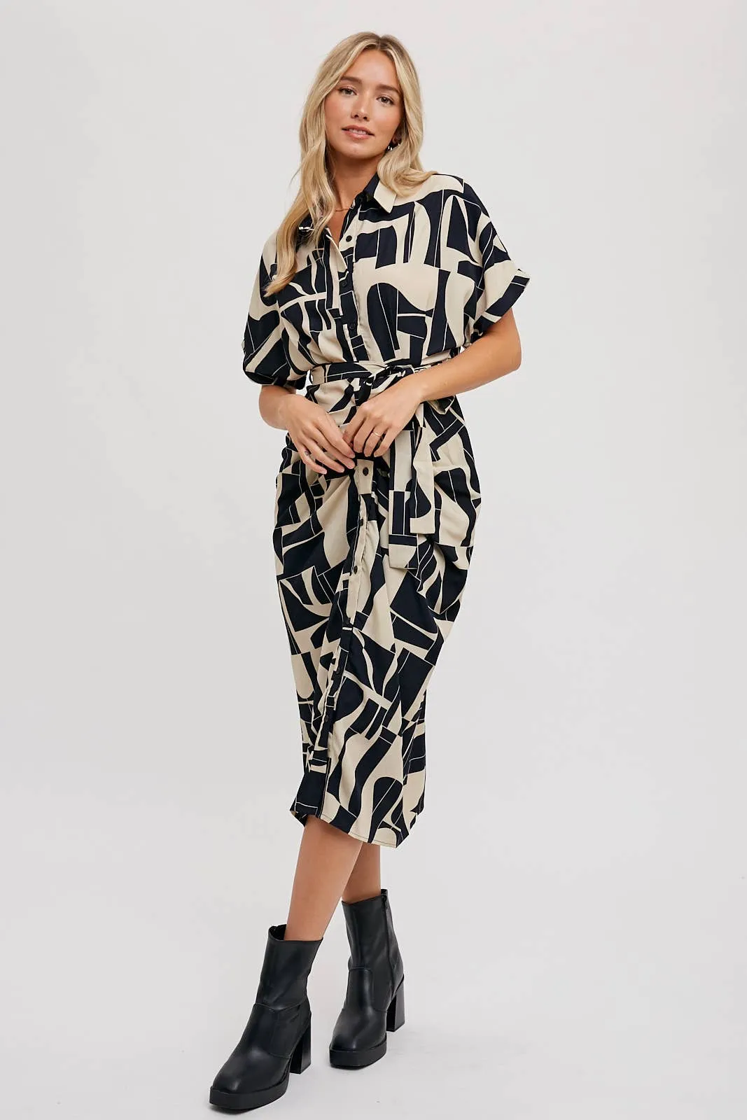 BLUIVY ABSTRACT PRINTED MIDI SHIRT DRESS