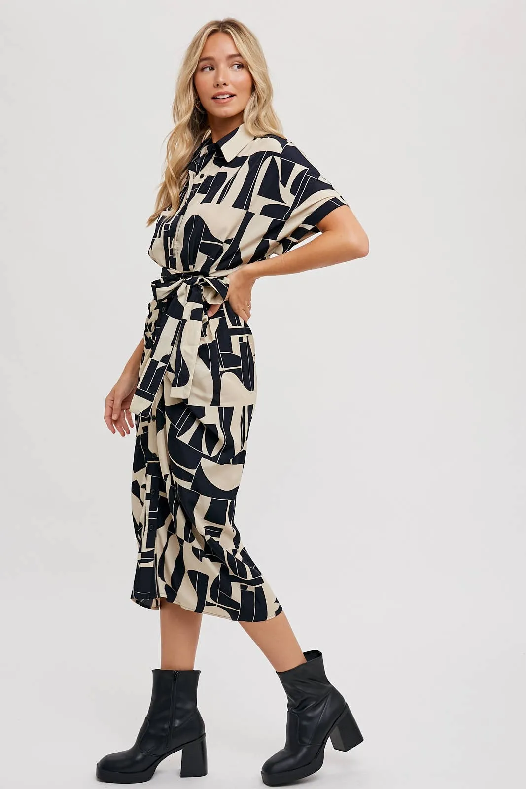 BLUIVY ABSTRACT PRINTED MIDI SHIRT DRESS