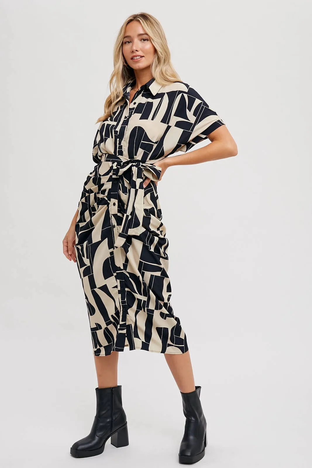 BLUIVY ABSTRACT PRINTED MIDI SHIRT DRESS