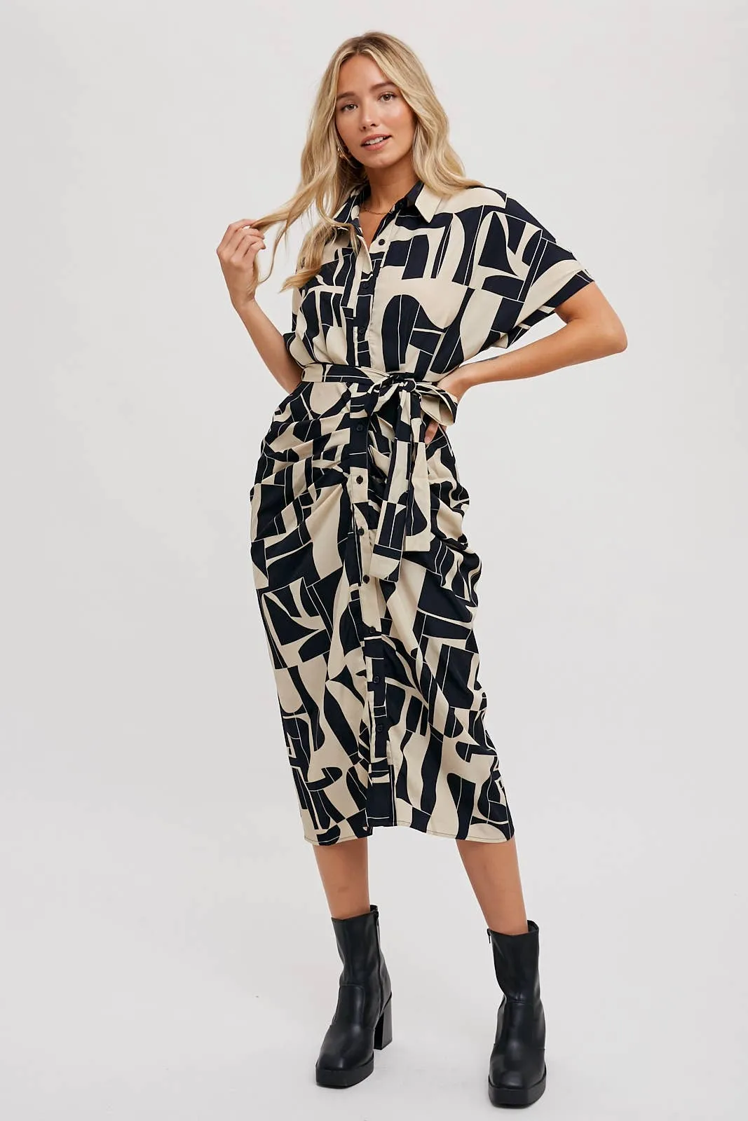 BLUIVY ABSTRACT PRINTED MIDI SHIRT DRESS