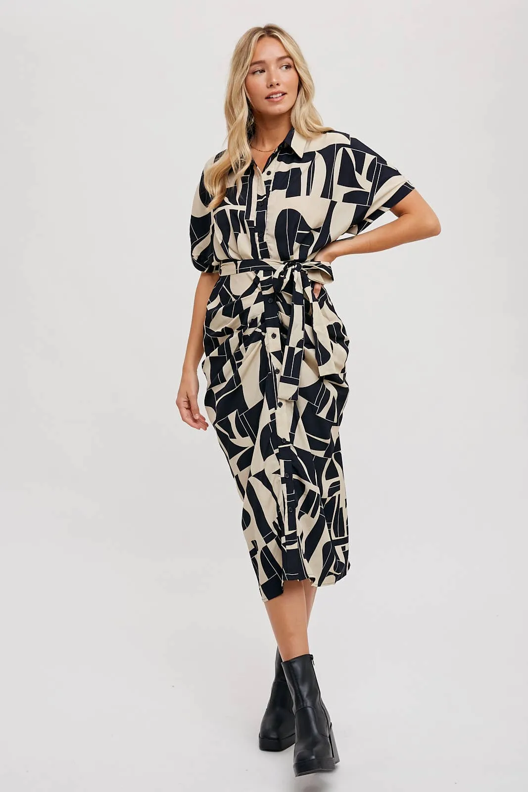 BLUIVY ABSTRACT PRINTED MIDI SHIRT DRESS