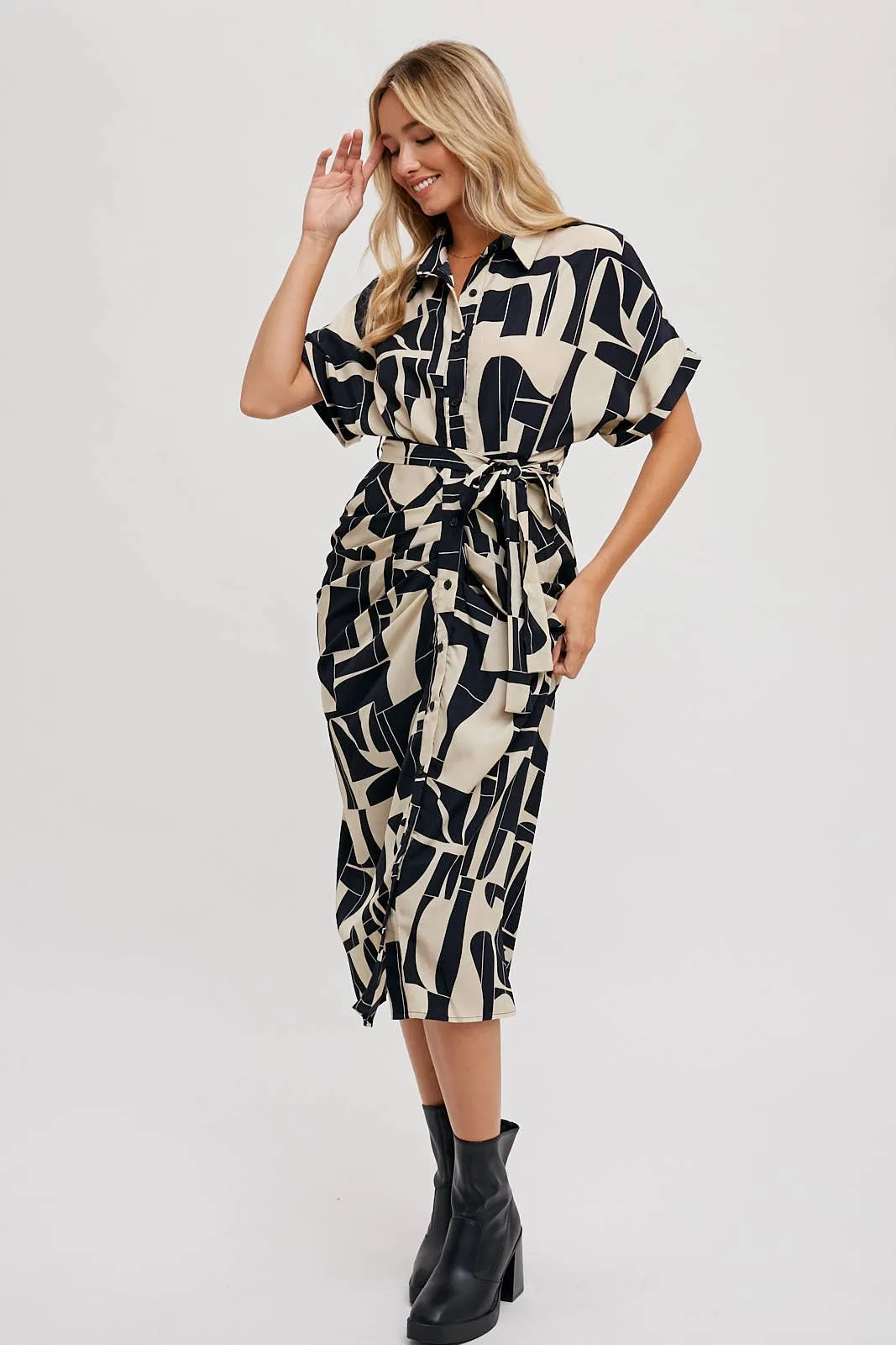 BLUIVY ABSTRACT PRINTED MIDI SHIRT DRESS