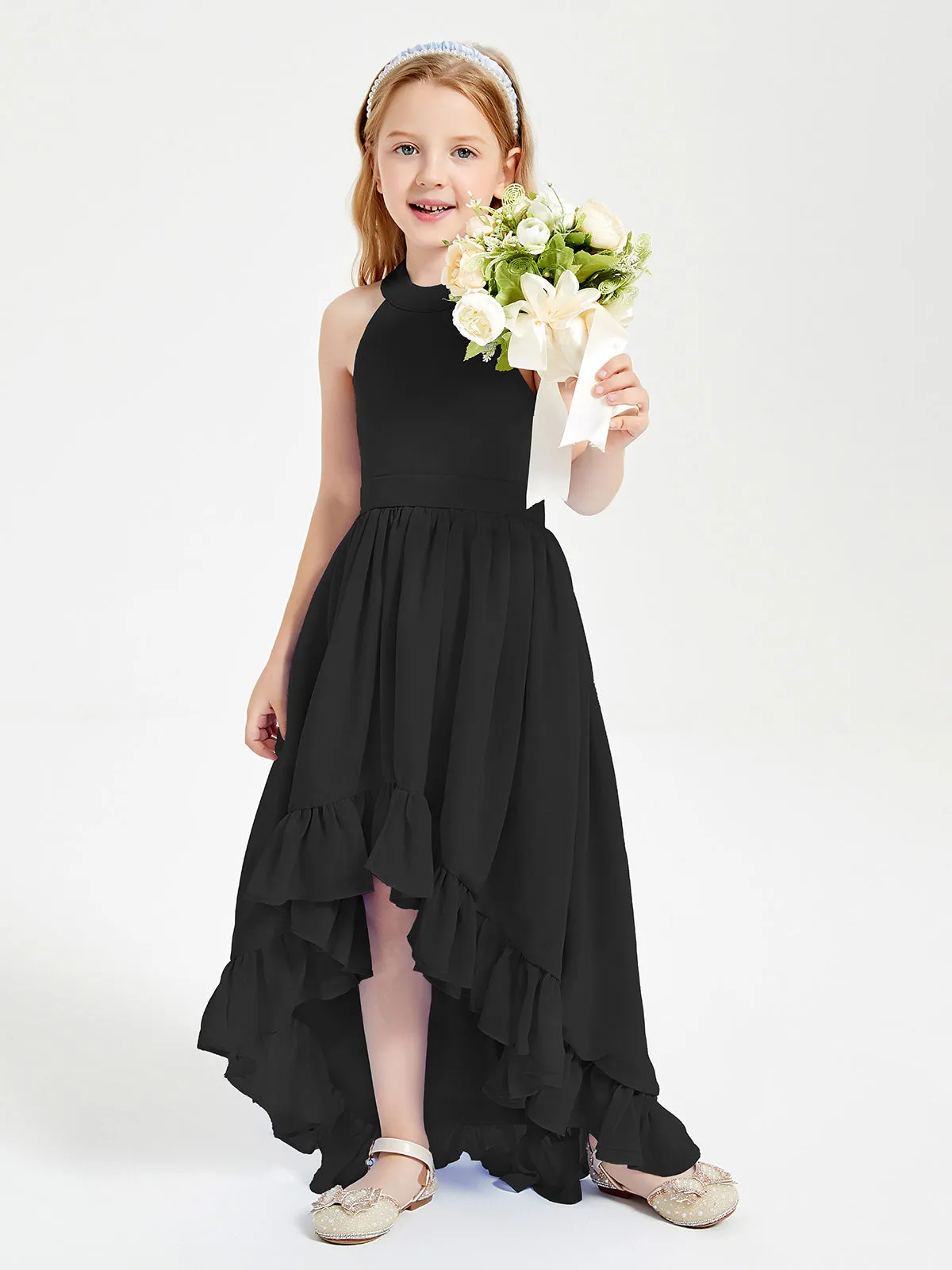 Boho Junior Bridesmaid Dresses Asymmetrical Cascading Skirt Black