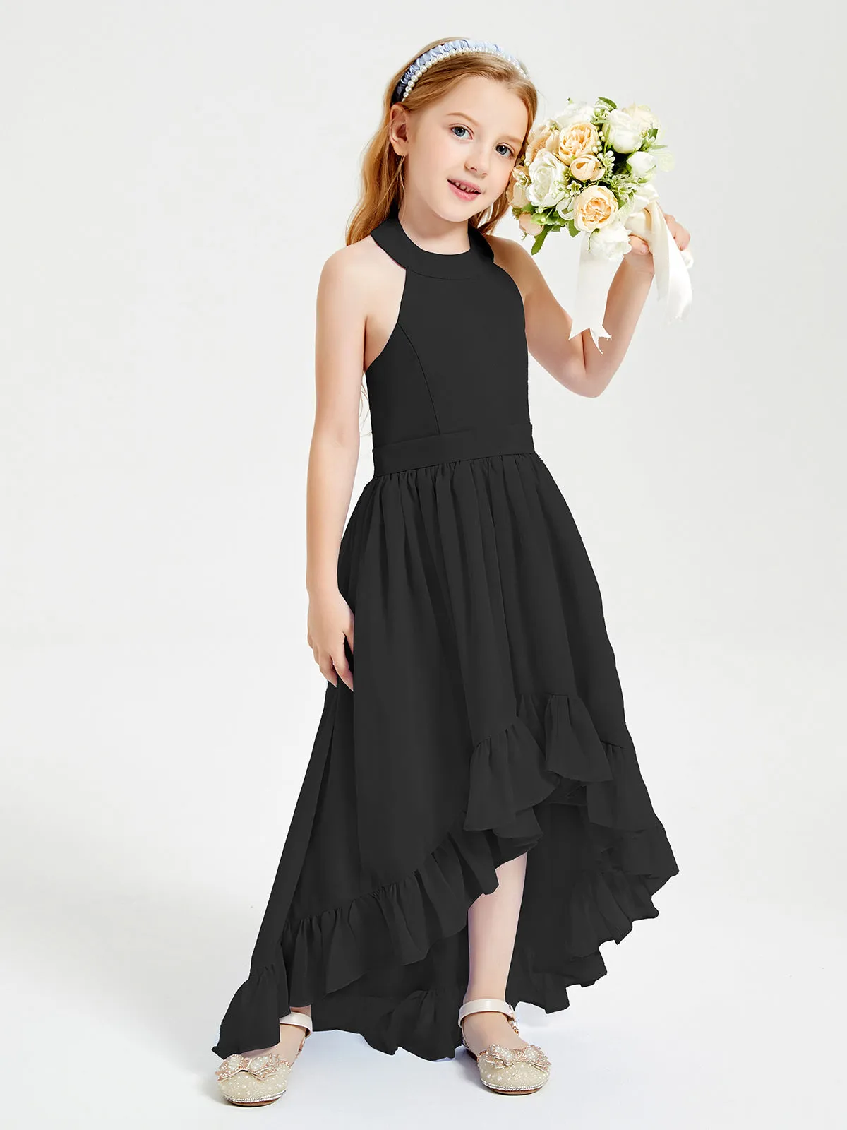 Boho Junior Bridesmaid Dresses Asymmetrical Cascading Skirt Black