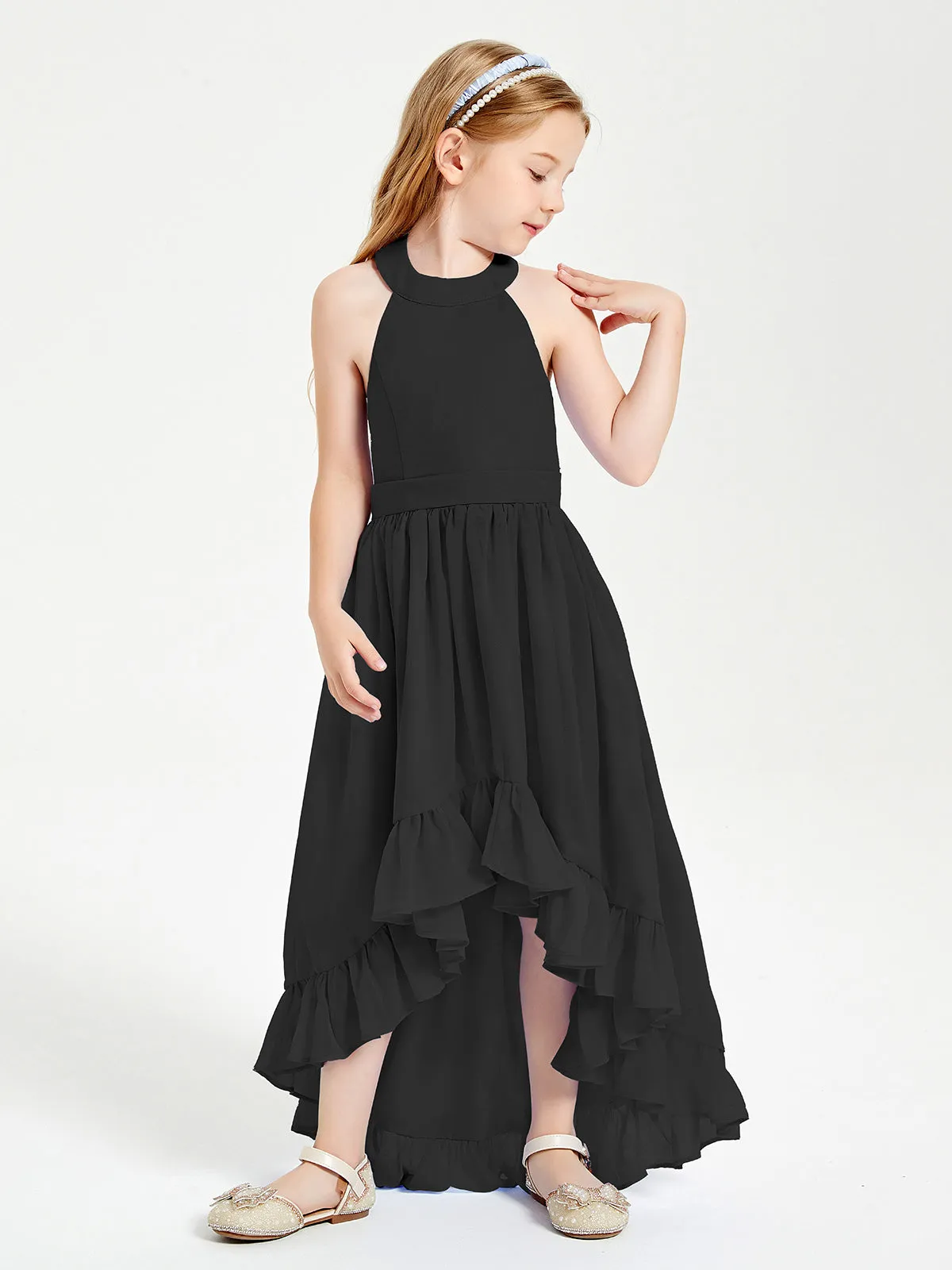 Boho Junior Bridesmaid Dresses Asymmetrical Cascading Skirt Black