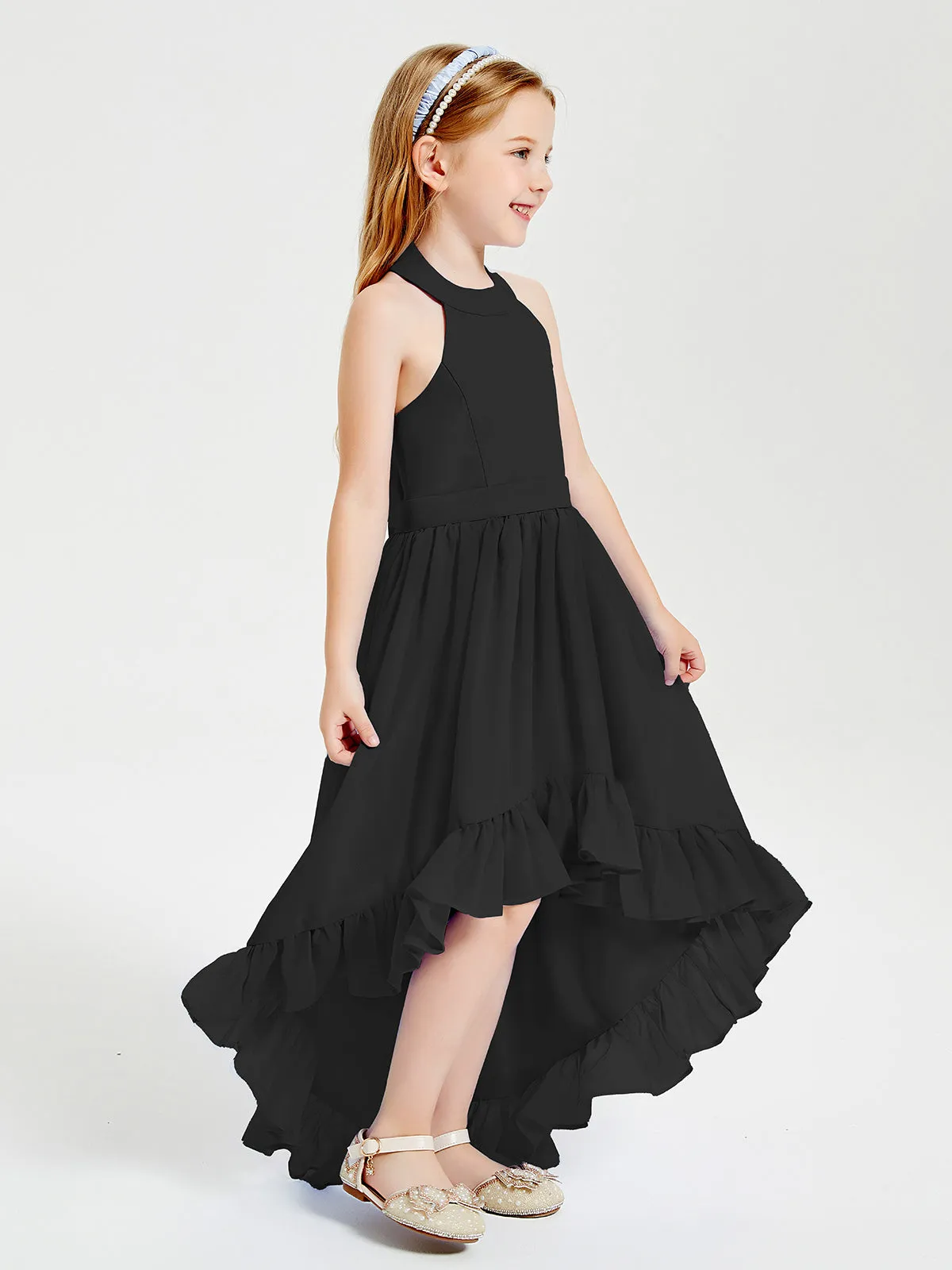 Boho Junior Bridesmaid Dresses Asymmetrical Cascading Skirt Black