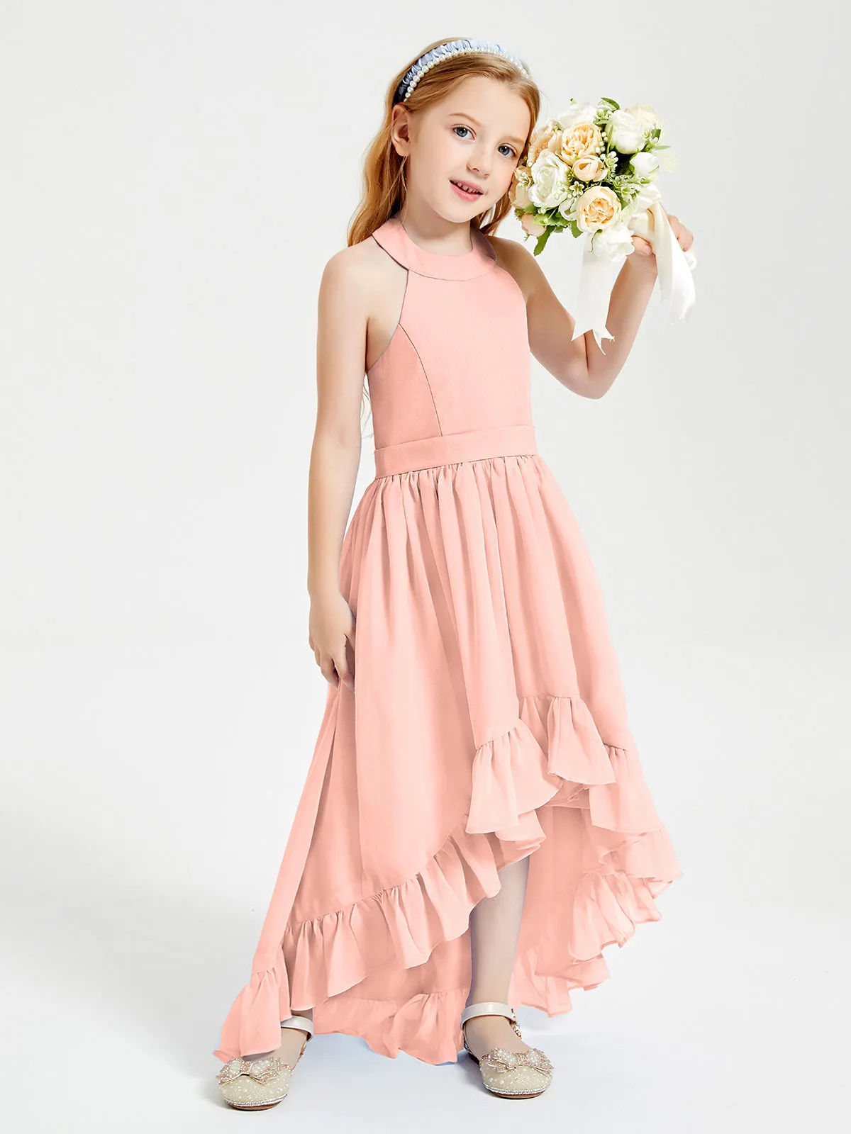 Boho Junior Bridesmaid Dresses Asymmetrical Cascading Skirt Coral