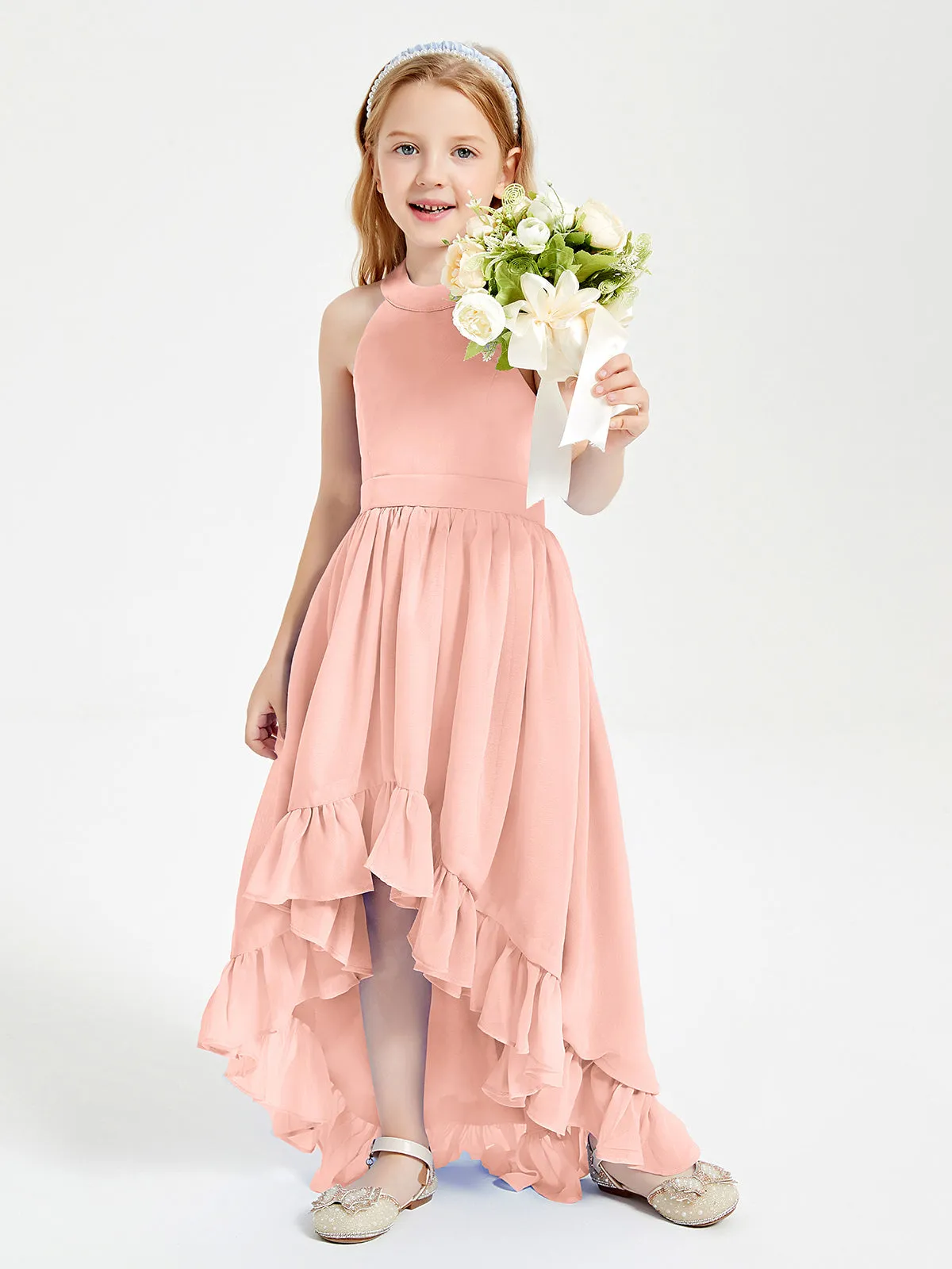 Boho Junior Bridesmaid Dresses Asymmetrical Cascading Skirt Coral