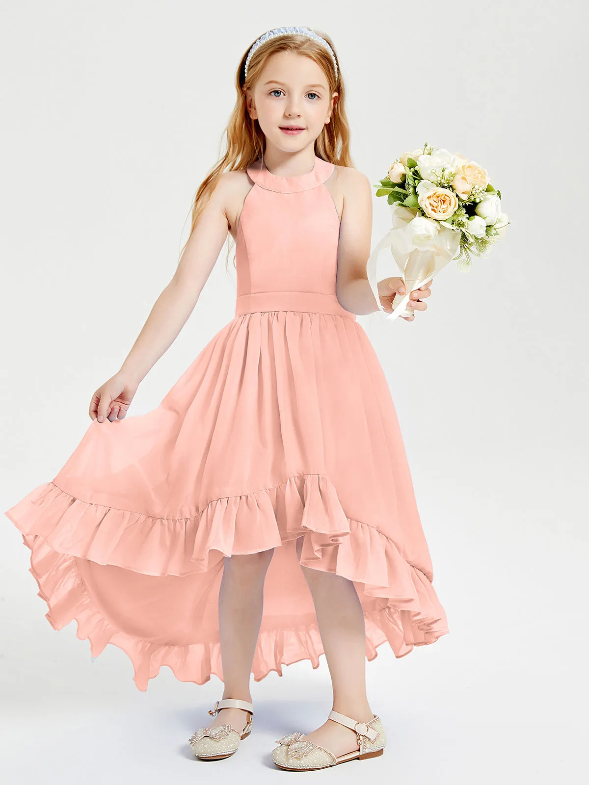 Boho Junior Bridesmaid Dresses Asymmetrical Cascading Skirt Coral