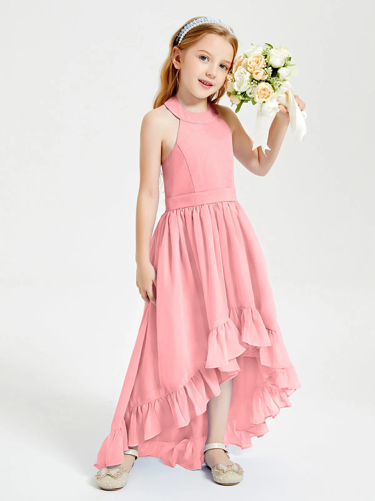 Boho Junior Bridesmaid Dresses Asymmetrical Cascading Skirt Flamingo