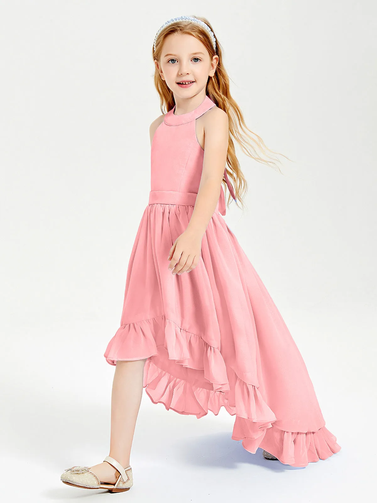 Boho Junior Bridesmaid Dresses Asymmetrical Cascading Skirt Flamingo