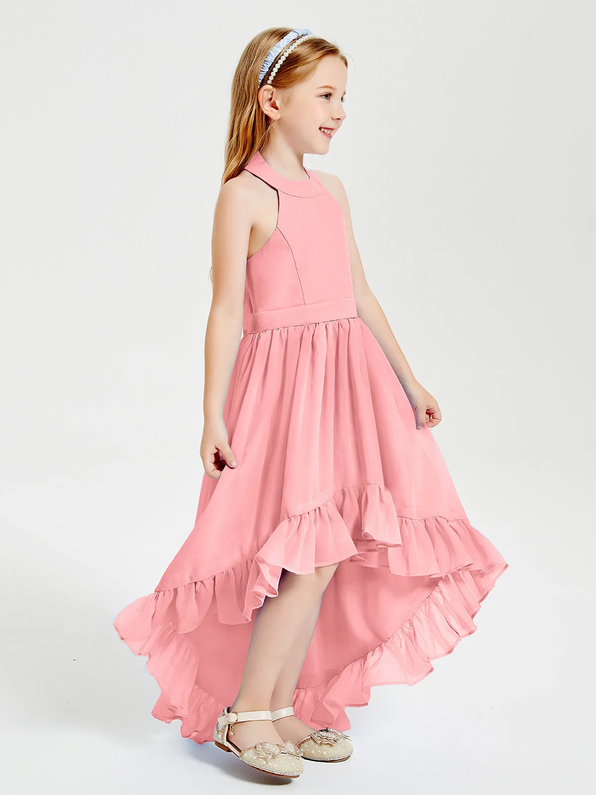 Boho Junior Bridesmaid Dresses Asymmetrical Cascading Skirt Flamingo